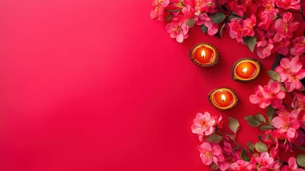 Festive Diwali Background, Diya Lamps and Flowers on Red