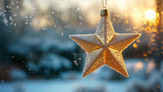 Frosty Christmas Star Ornament in Window at Sunset