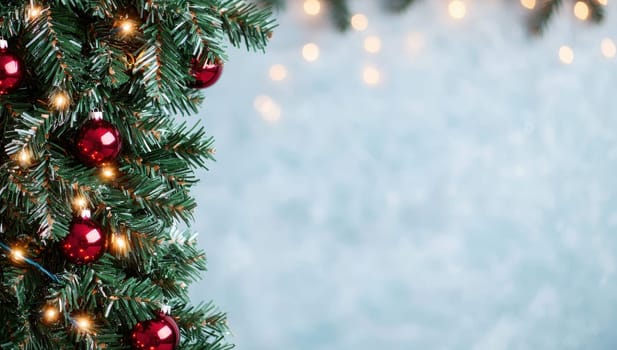 Christmas tree decorated with red ornaments and lights on a blue background with bokeh, providing copy space for holiday greetings.