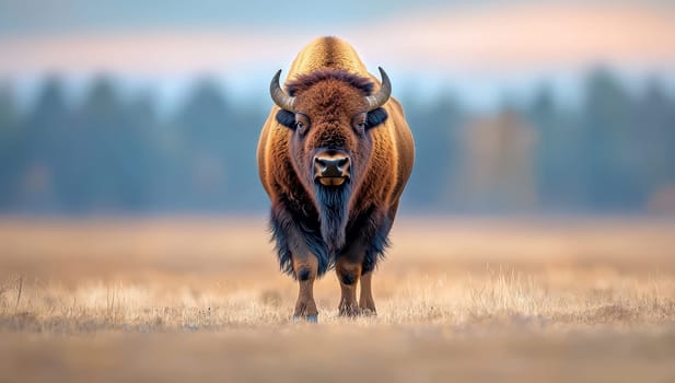 American Bison standing in a field, staring directly at the camera.
