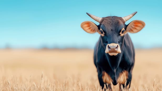 Young black cow standing in a field, looking at the camera. Cattle farming, agriculture, livestock, and rural life.