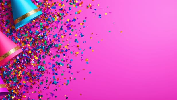 Colorful party hats and confetti on a vibrant pink background with copy space.