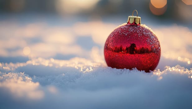 Red Christmas Ornament in Snow at Sunset, Festive Winter Scene