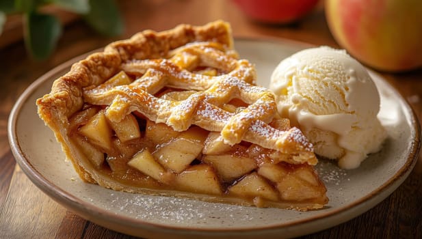 Slice of Homemade Apple Pie with Vanilla Ice Cream