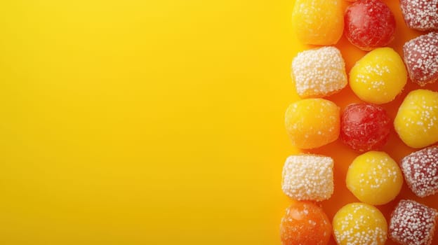 Colorful Candy Row on Yellow Background, Sweet Treats, Minimalism, Copy Space