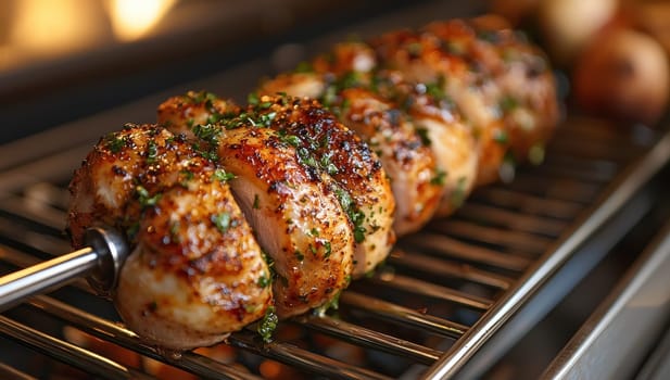 Grilled Chicken Skewers with Herbs, Close up of Juicy, Flavorful Chicken on a Grill