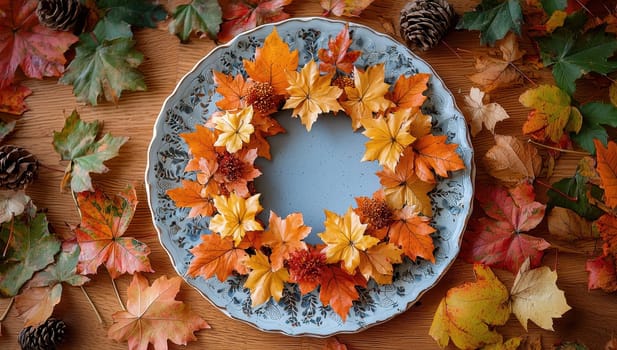 Autumn Leaf Wreath on Plate, Fall Table Decoration