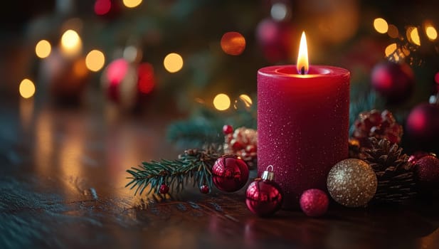 Red Christmas Candle with Festive Decorations and Lights