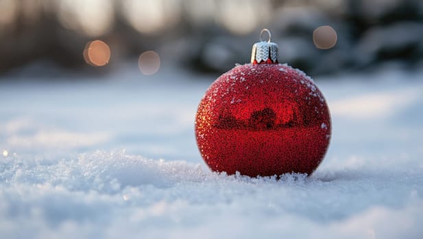 Red Christmas Ornament in Snow, Festive Winter Scene