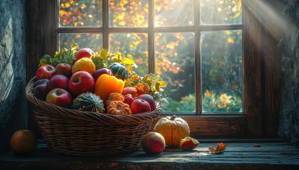 Autumn Harvest Basket, Apples, Pumpkins, and Fall Colors by a Window