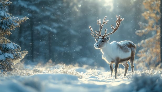 Reindeer in Snowy Winter Forest, Majestic Wildlife in Sunlight