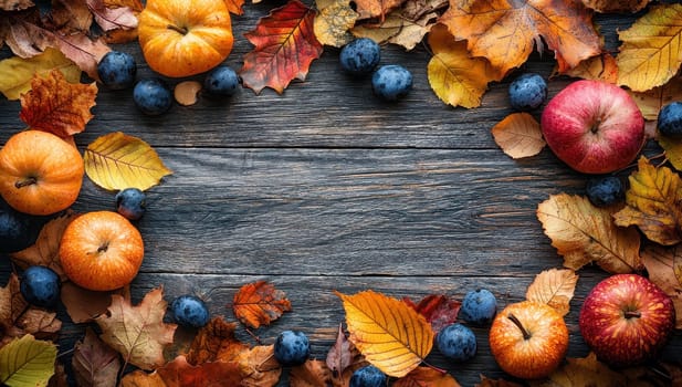 Autumn Frame of Pumpkins, Apples, and Leaves on Rustic Wood