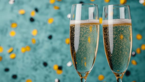 Two champagne glasses with golden confetti on turquoise background. Celebrating New Year's Eve, birthday party, or special occasion.