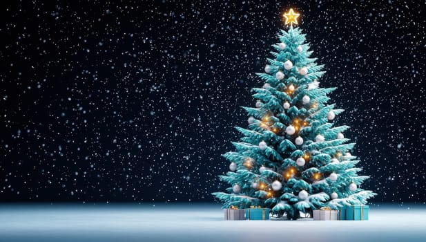 Christmas tree with ornaments and gifts on snow with falling snow at night