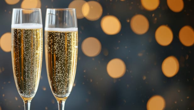 Two champagne glasses with golden bubbles against festive bokeh background. Celebrating New Year's Eve, anniversary, or special occasion.
