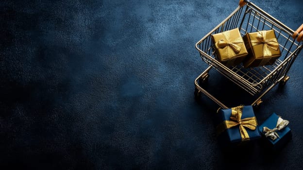 A shopping cart filled with gold wrapped gifts on a dark background, offering ample copy space. Black Friday sale concept with empty place for text.