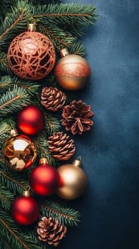 Festive Christmas ornaments and pine cones surrounded by green branches on a blue background, offering copy space.