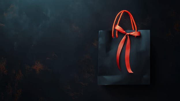 A stylish black gift bag adorned with a vibrant red ribbon, set against a dark background with ample copy space. Black Friday sale concept with place for text.