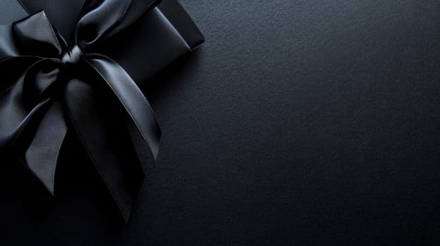 A luxurious black gift box with a satin ribbon on a dark background, perfect for special occasions and celebrations. Black Friday sale concept with place for text.