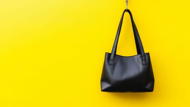 Elegant black handbag displayed on a vibrant yellow background with ample copy space for promotional text. Black Friday sale concept.