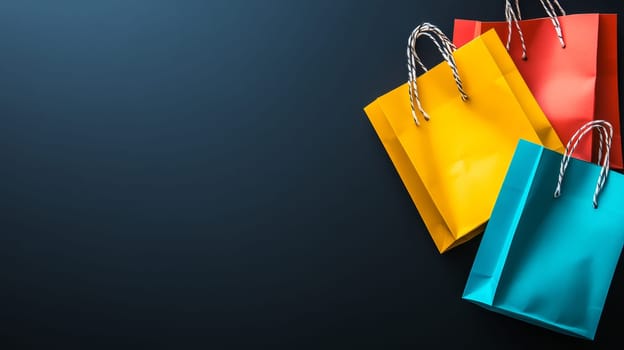 Three bright shopping bags on a dark background with ample copy space, ideal for marketing and promotions. Black Friday sale concept with empty place for text.