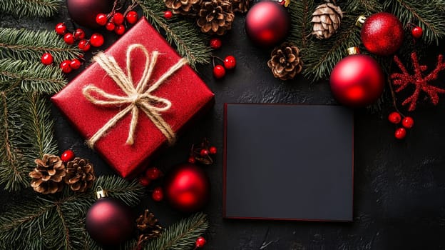 Red Christmas gift box with decorations and pine branches, creating a festive holiday atmosphere, with copy space.