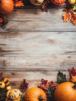 Pumpkins and leaves arranged on a wooden background, perfect for fall themed designs with copy space.