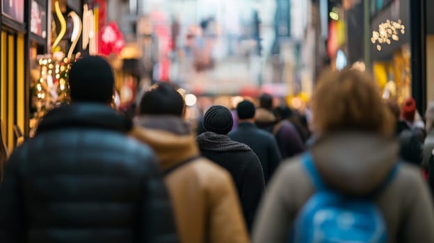 A bustling holiday shopping street filled with people, vibrant lights, and festive decorations capturing urban energy.