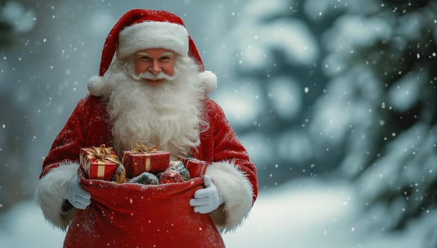 Santa Claus with Bag of Gifts in Snowy Forest