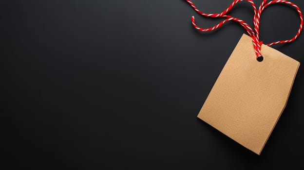 Simple kraft paper tag with red string on a dark surface, perfect for labels and messages with copy space. Black Friday sale concept with empty place for text.