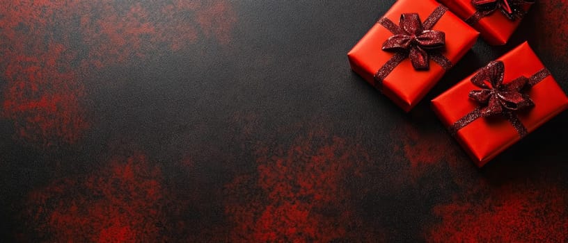 Red gift boxes with glittery bows on a dark, textured background, featuring ample copy space for text.