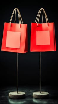 Two red gift bags on display stands against a dark background, perfect for promotional use. Black Friday sale concept with empty place for text.