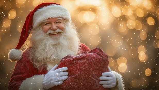 Smiling Santa Claus with a bag of gifts. Christmas magic, holidays, and winter wonderland concept.