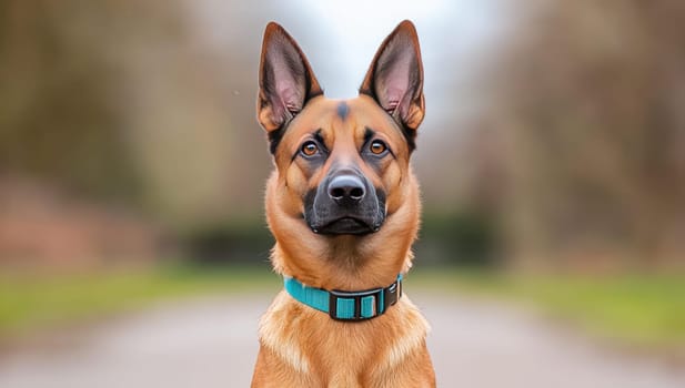 Portrait of a German Shepherd dog with a blue collar, attentive and alert.