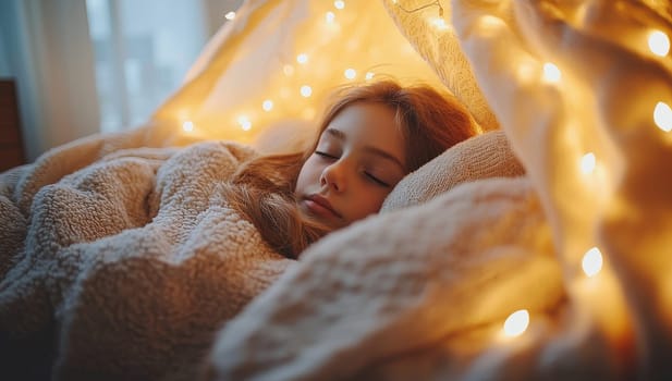 Peaceful Sleep, Girl Sleeping Soundly in Cozy Bed with Fairy Lights