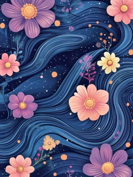 A fantastic world with flowers, trees and people. AI generative.