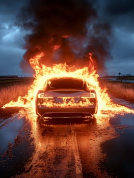 electric car engulfed in flames. AI generative.