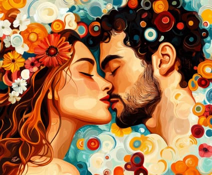 A fantastic world with flowers, trees and people. AI generative.