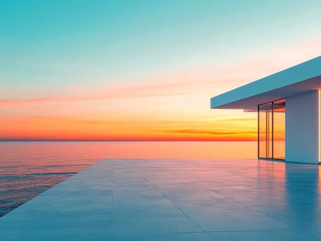 minimalist villa with sea in dawn . AI generative.