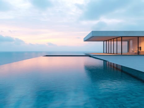 minimalist villa with sea in dawn . AI generative.
