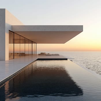 minimalist villa with sea in dawn . AI generative.