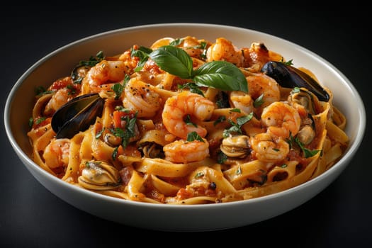 Pasta with seafood in tomato sauce, and shrimp and clams. AI generative.