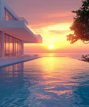 minimalist villa with sea in dawn . AI generative.