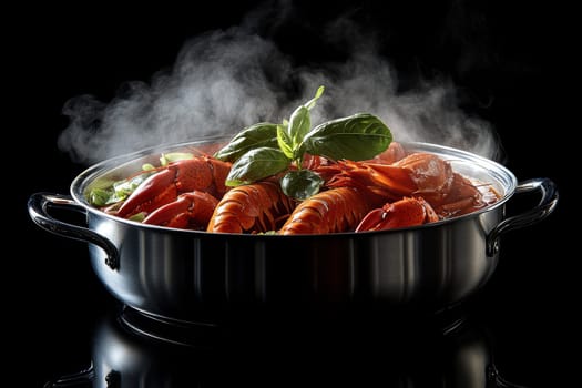 crawfish in a hot pot, full of red sauce . AI generative.