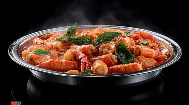 crawfish in a hot pot, full of red sauce . AI generative.