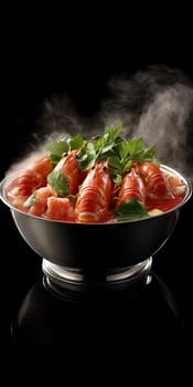 crawfish in a hot pot, full of red sauce . AI generative.