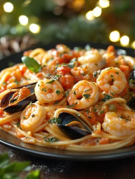 Pasta with seafood in tomato sauce, and shrimp and clams. AI generative.