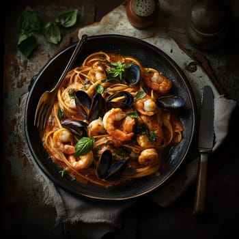 Pasta with seafood in tomato sauce, and shrimp and clams. AI generative.