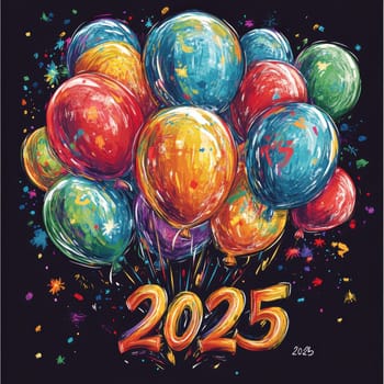 happy, new, year, number " 2025"" ballons, firework. AI generative."