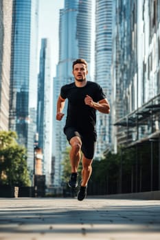 male athlete runs in the city. AI generative.
